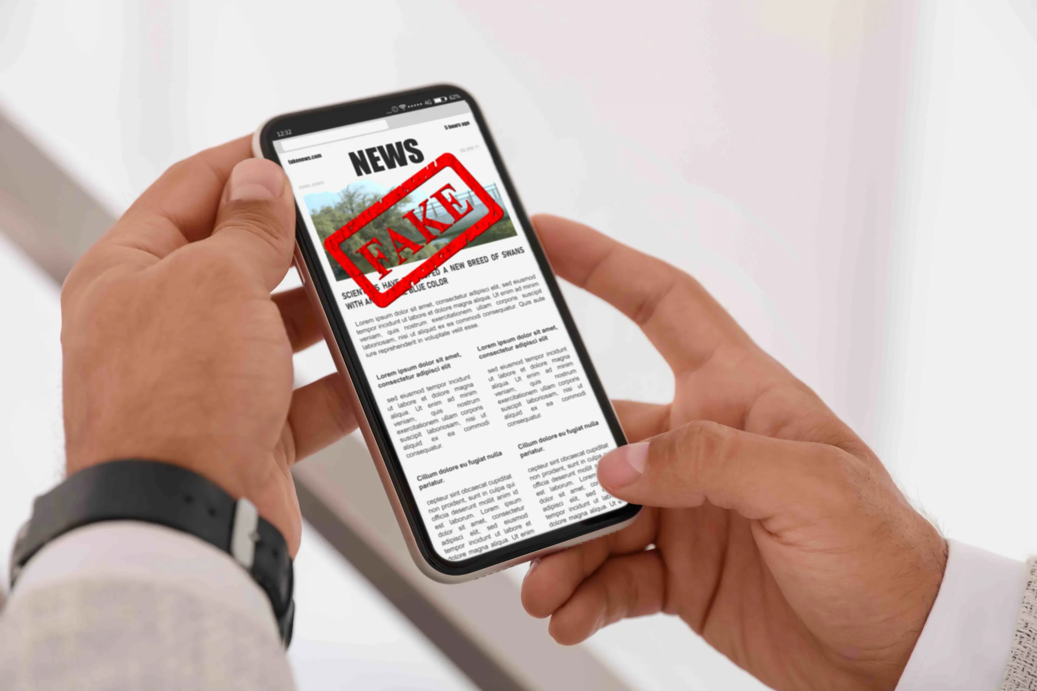 Disbelief search spikes as people verify shocking news labeled fake on a smartphone.